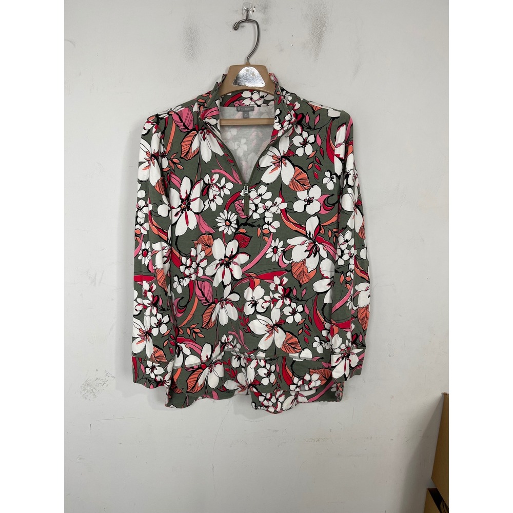 T by Talbots Floral Quarter Zip Pullover Top Green Pink XP VN5092 02/23